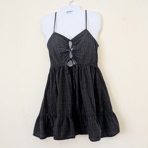 Roxy Jasmine Breeze Cut-Out Mini Dress, Charcoal Gray Plaid, Size Med